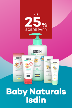 Marca Baby Naturals Isdin com destaque promocional de at&eacute; 25% sobre pre&ccedil;o de Venda ao P&uacute;blico Recomendado